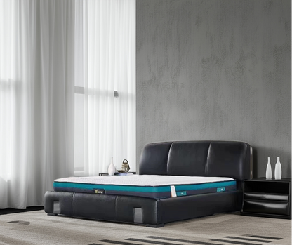 Black leather bed with a mattress in a modern bedroom setting.