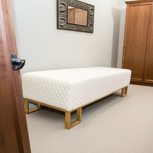 White mattress on a wooden bed frame in a room with a wooden wardrobe and mirror.