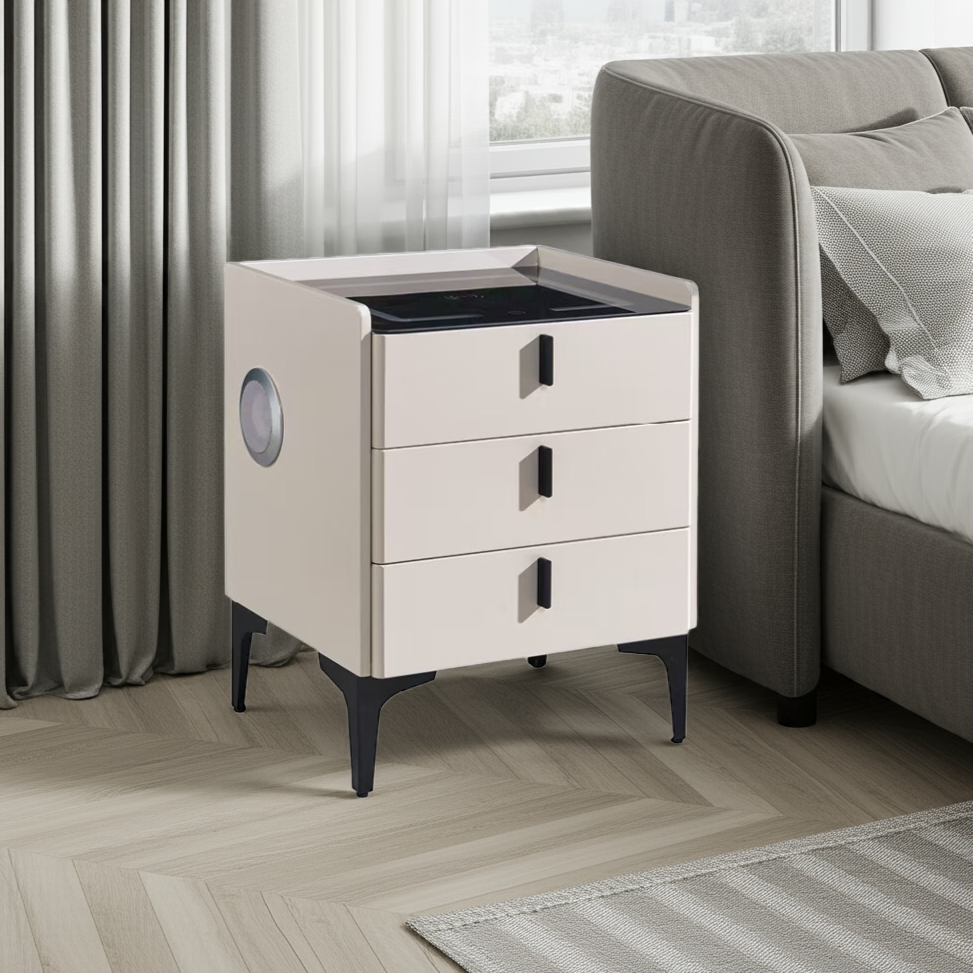 Beige nightstand with black accents in a living room setting