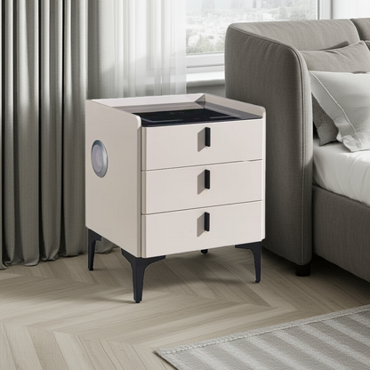 Beige nightstand with black accents in a living room setting