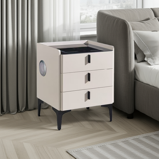 Beige nightstand with black accents in a living room setting
