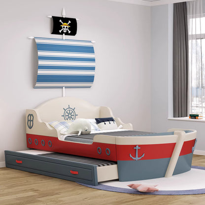 Children's bed designed like a ship in a room with a striped curtain and window.