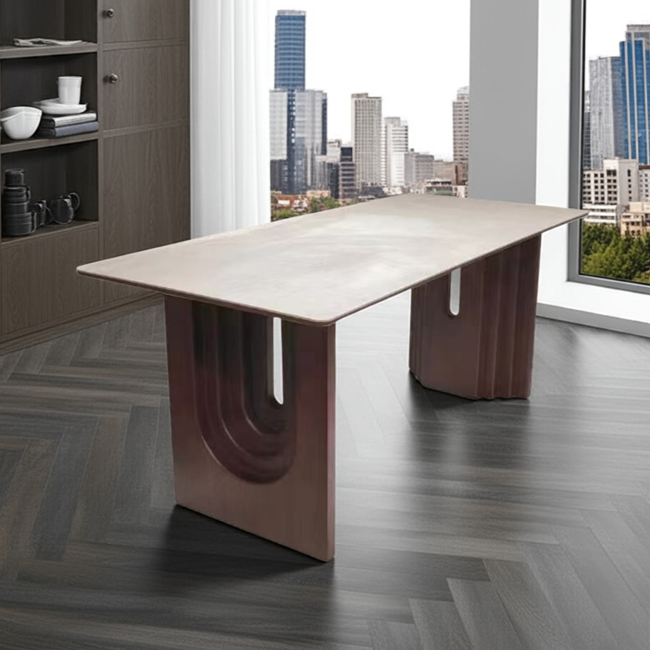 Modern conference table with a cityscape view from large windows