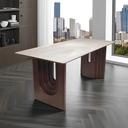 Modern conference table with a cityscape view from large windows