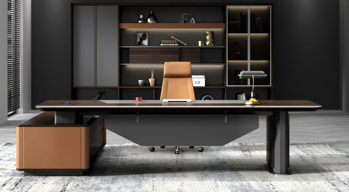 Modern office desk with shelves and chair in a dark-themed room