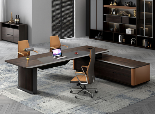 Modern office desk setup with chairs and a laptop in a well-lit room.