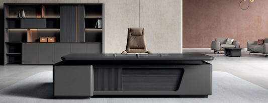 Modern office desk with a chair in a stylish office setting