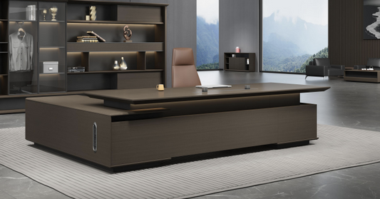 Modern office desk with shelves and a view of mountains